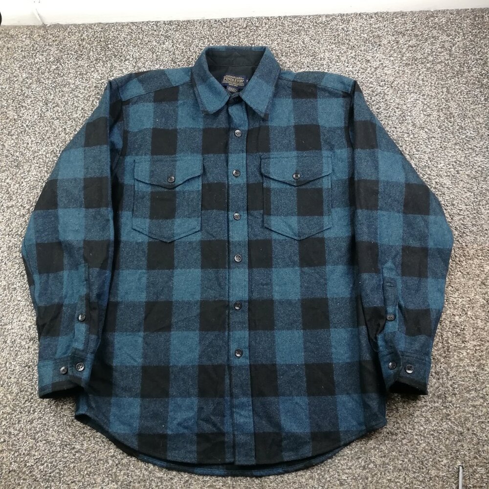 Pendleton Shirt Wool Flannel Guide Buffalo Plaid Checked Blue Button Mens Medium